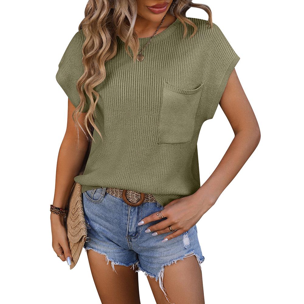 2024 European & American Women's Round Neck Pocket Short Sleeve Sweater
