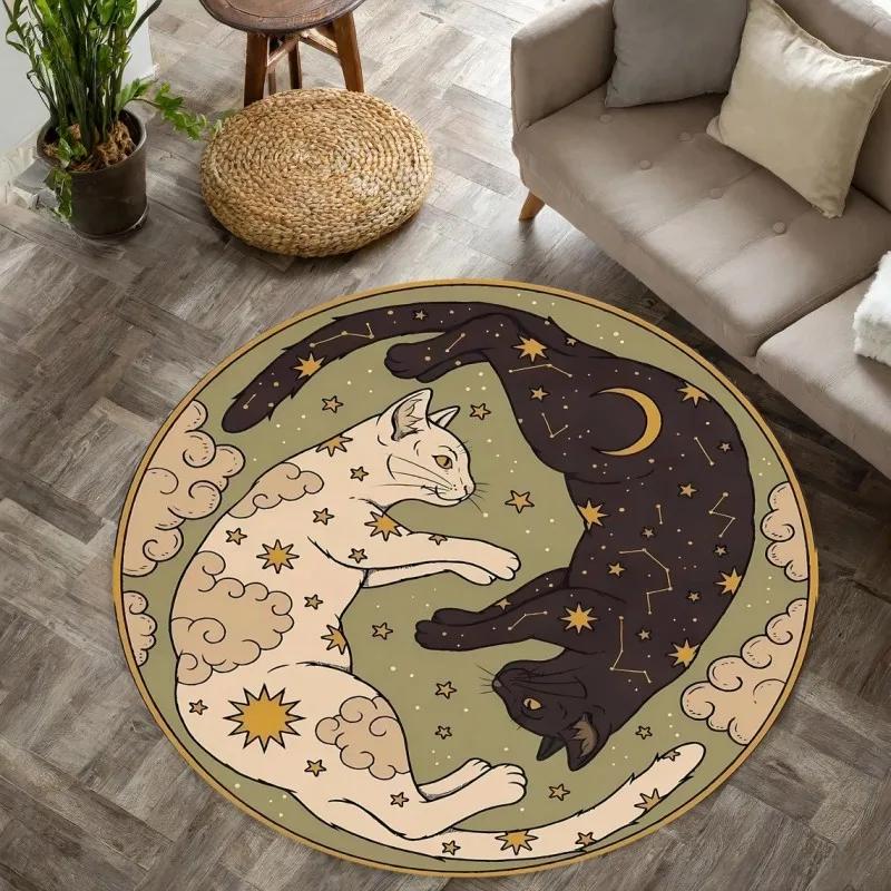 Yin Yang CAT Printed Round Carpets for Home Living Room Rug Bedroom Decor Rug Non Slip Washable Flannel Floor Mat