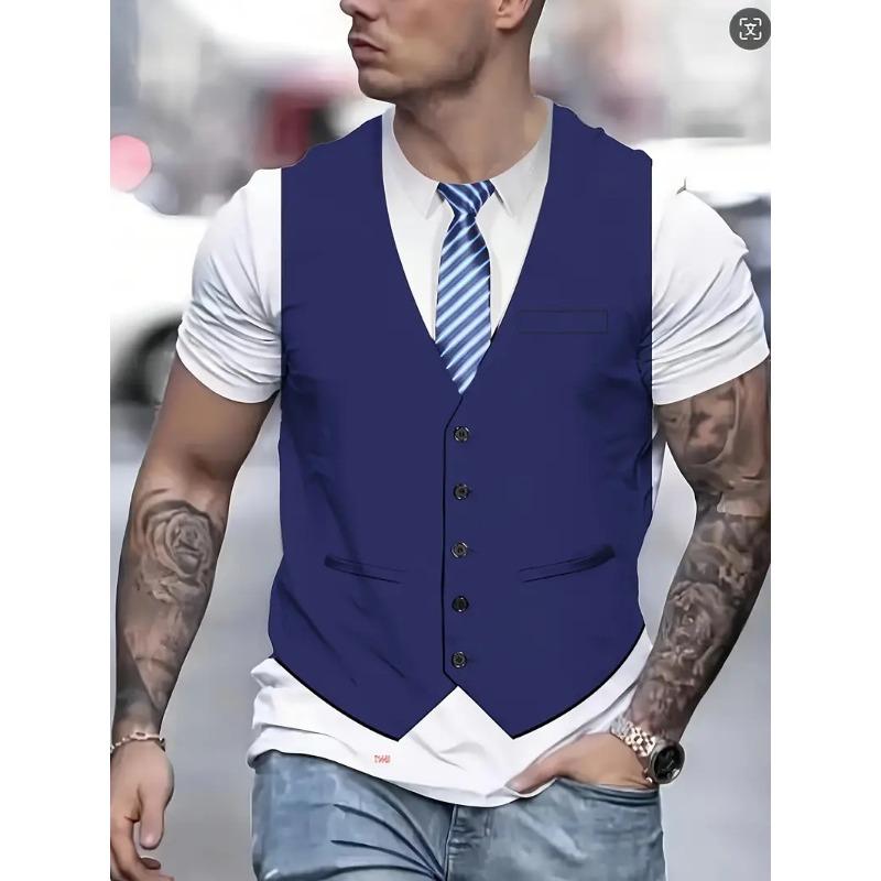 Men's Casual Suit Tie Print T-Shirt Tops Short Sleeve Crew Neck Men's Round Neck T-shirts New In Mens Cosplay Party Tee Shirts
