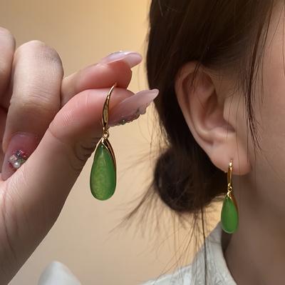 Gold-Plated Imitation Jadeite Retro Earrings Banquet Simple And High-End New Chinese Earrings
