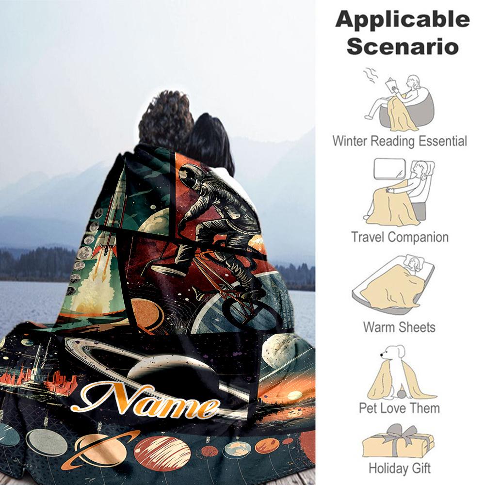 Astronaut Bicycle Personalized Name Blanket Cozy Customizable Blanket Soft & Cozy Great for Couch Bed Livingroom Chair Four Seasons Multipurpose