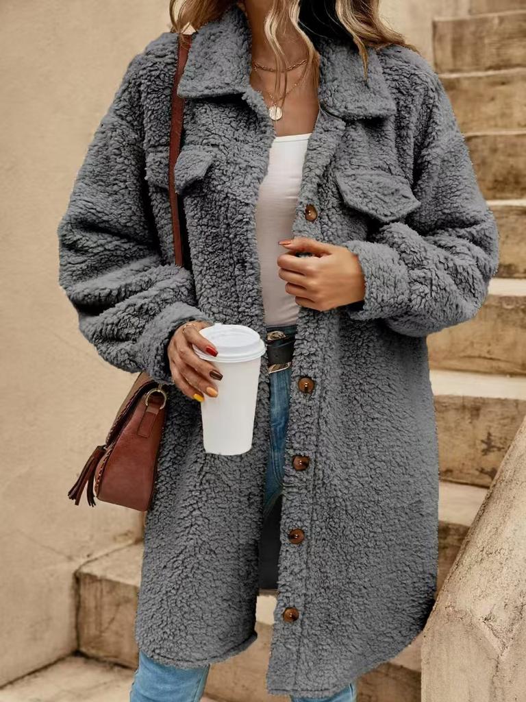 New European and American winter open-button lapel plush jacket loose temperament long coat women