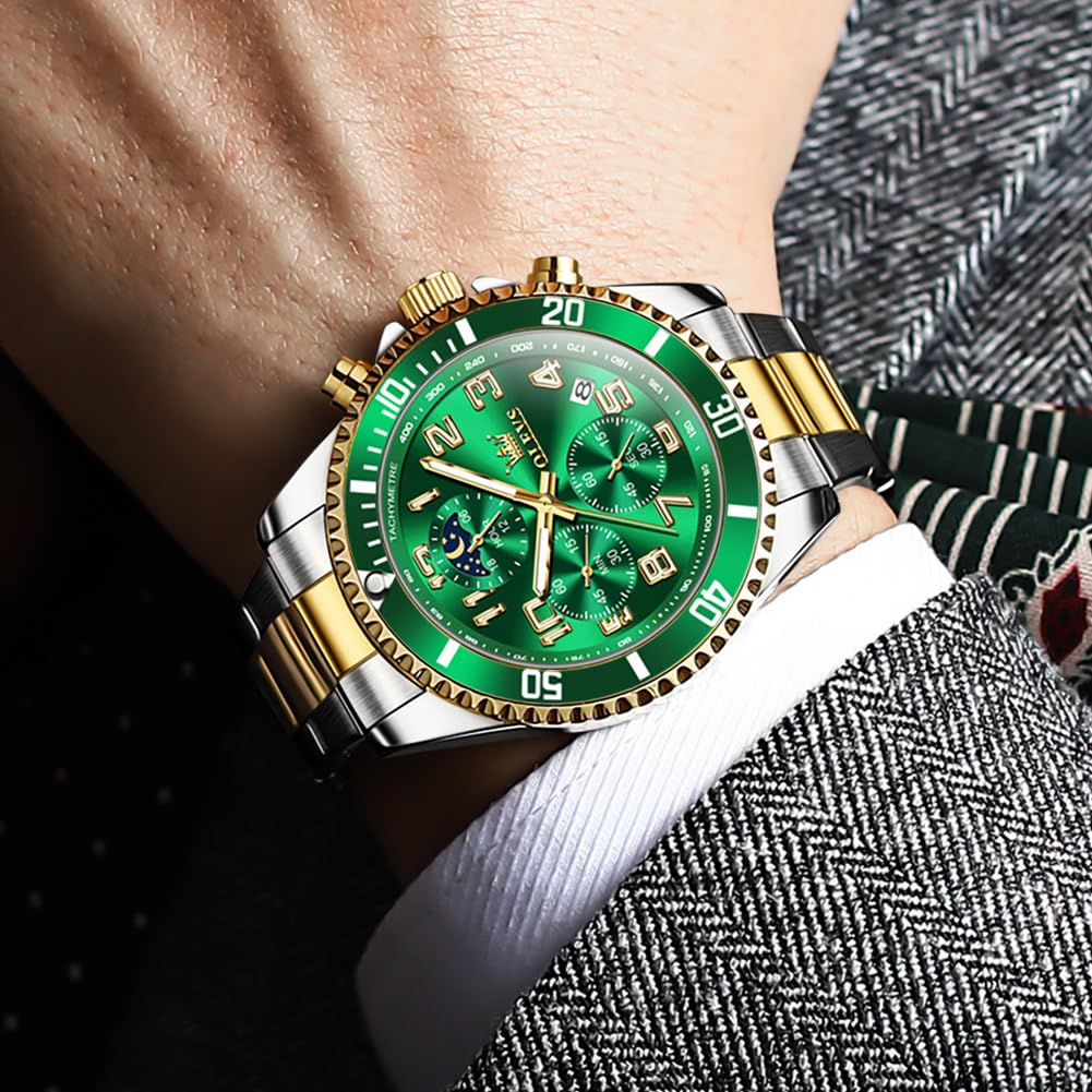 OLEVS Men's Watch, Gold and Silver, Analog, Quartz, Water-Resistant, Men's Watch, Green