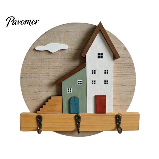 Wall Mounted Key Holder Nordic Wooden Cottage Holder, House Shaped Storage Rack with 3 Decorative Hooks for Metal Hook, Sturdy Organizer Entryway