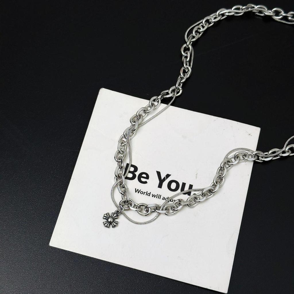 Men's Trendy Cross Pendant Titanium Steel Double-Layer Necklace - Cool Niche Design Clavicle Chain