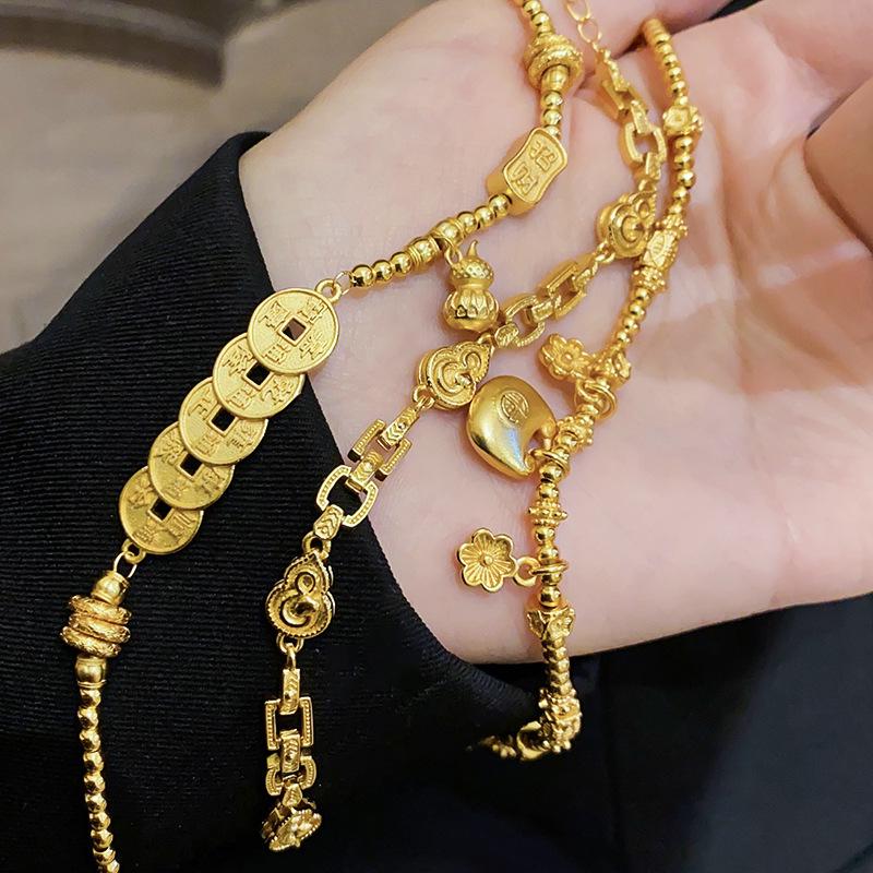 24K Gold-Plated Gourd Bracelet: New Chinese Style Retro Bangle, Light Luxury High-End Jewelry for Women