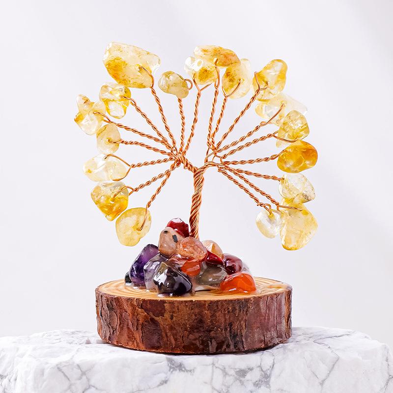Natural Crystal Chips Tree Handmade With Copper Wire Wood Stump Base Money Tree Of Life Ornament Home Office Decor