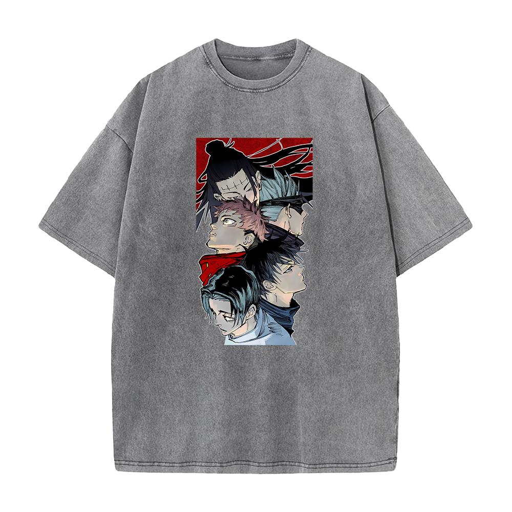 Anime Jujutsu Kaisen Itadori Yuji Fushiguro Megumi Print T-shirt Men Casual Tshirts Vintage Washed Tee Harajuku Cotton T Shirt