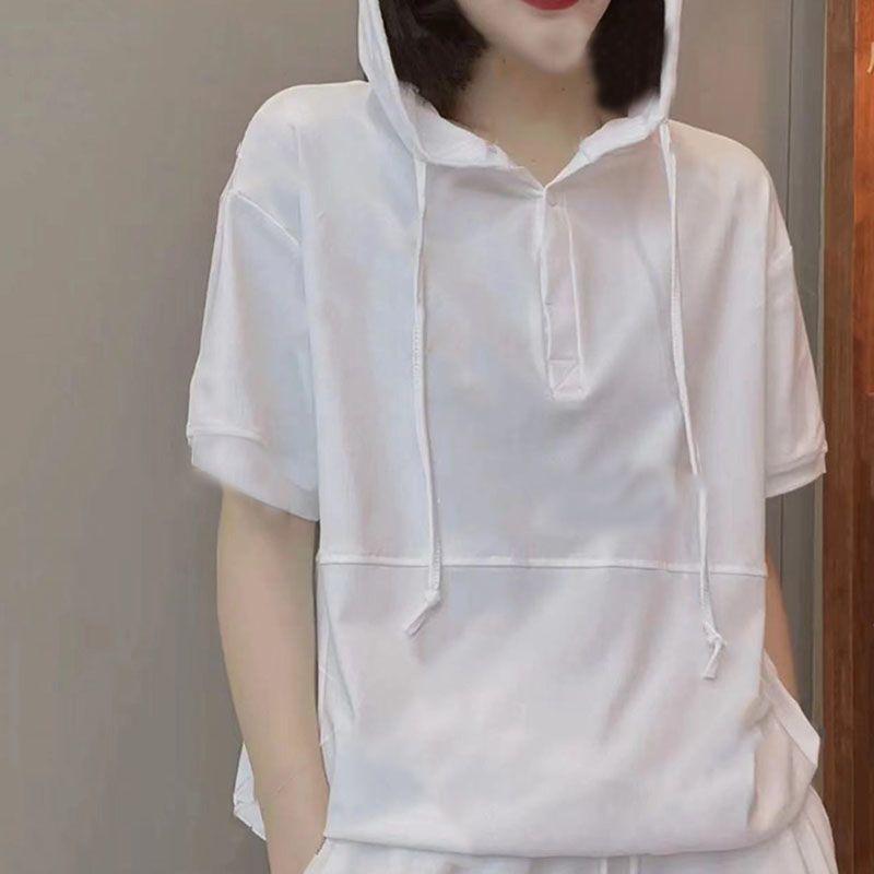 

Европейская мода Толстовка с капюшоном в корейском стиле Свободная футболка с коротким рукавом White [pure cotton]] L