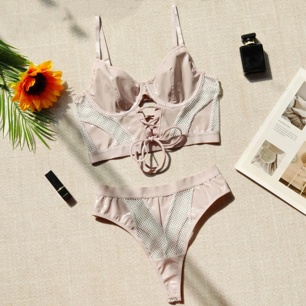 Sexy Pu Leather Lingerie Set For Women Patchwork Mesh Lace Up Hollow Out See-Through Corset Top Bra And Panty Exotic Underwear