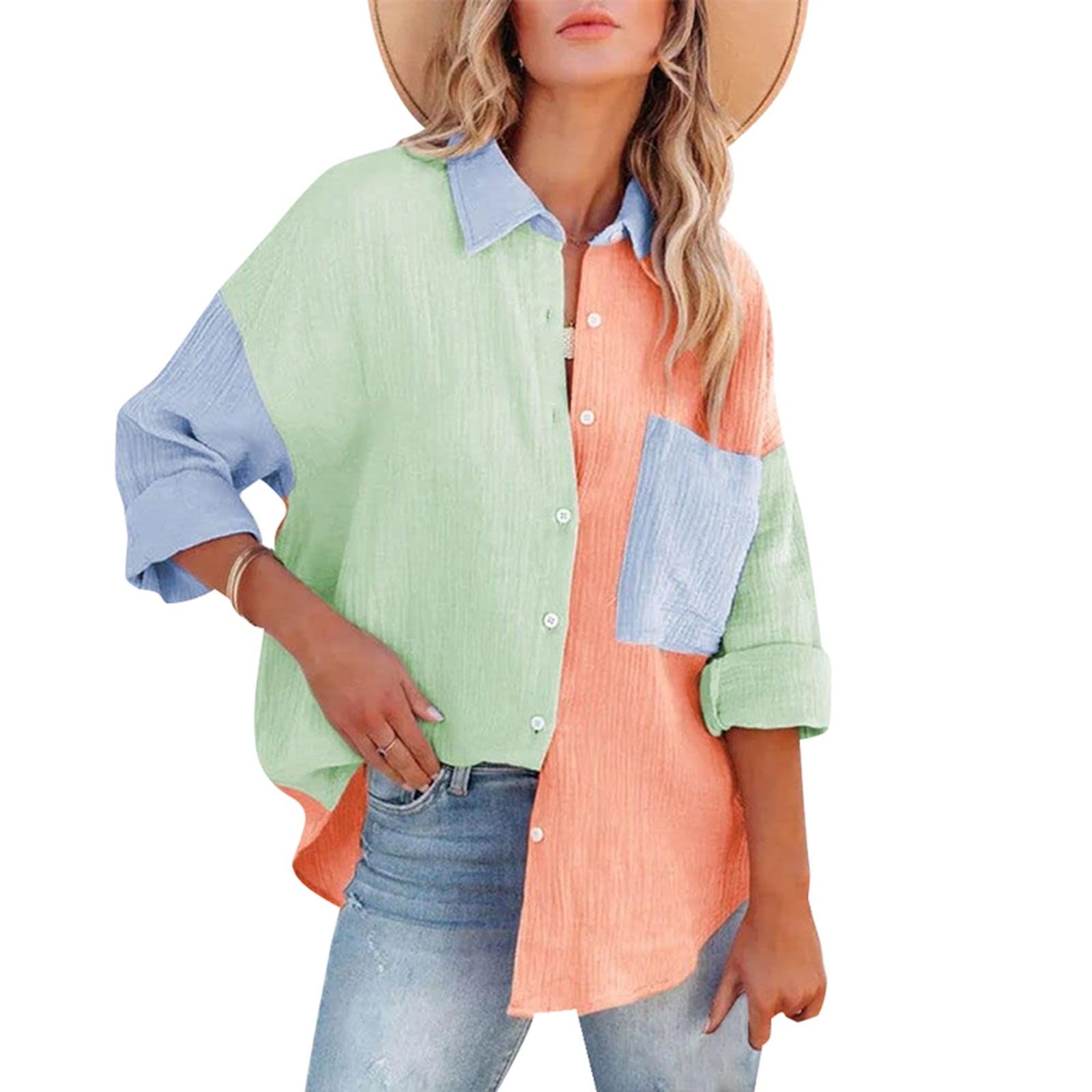 

Женская рубашка средней длины, контрастный цвет с лацканами, повседневный стиль, однобортный топ с длинными рукавами L