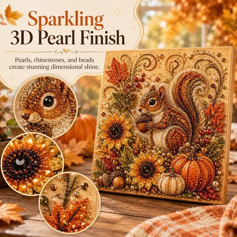 Autumn Harvest DIY Pearl Painting Kit, Squirrel Fox Diamond Painting, Handmade Home Wall Decor Ornament