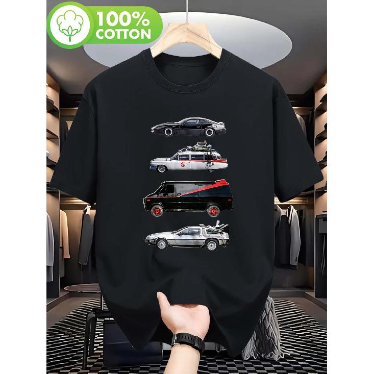 Men'S Retro KITT And Ecto-1 Car Print T-Shirt - 80S, Breathable Crew Neck Short Sleeve Tee for Summer, Camping And Casual Wear - Machine Washable for