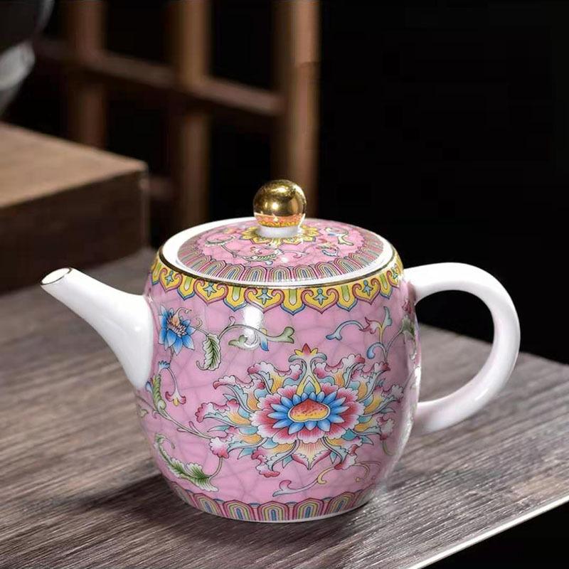 Large Ceramic Teapot Set with Hand Painted Flowers Home Tea Brewing Kungfu Tea Kit with Handle
