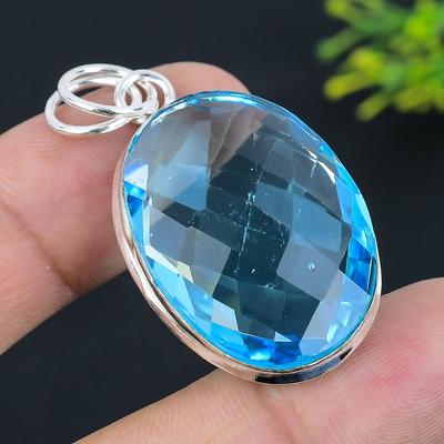 Naturlig Blå Topas Ädelsten Handgjord 925 Sterlingsilver Hänge 1.89" Q2P18