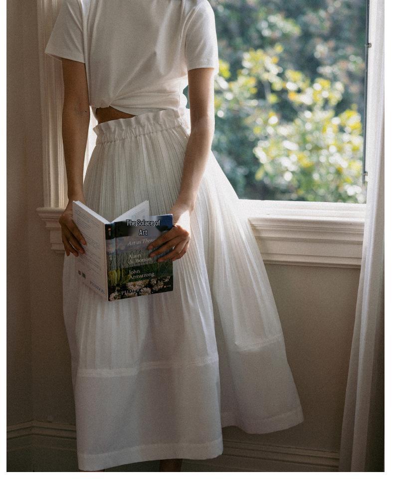 Women's White Pleated Midi Skirt - Minimalist A-line Style with Elastic Waist
