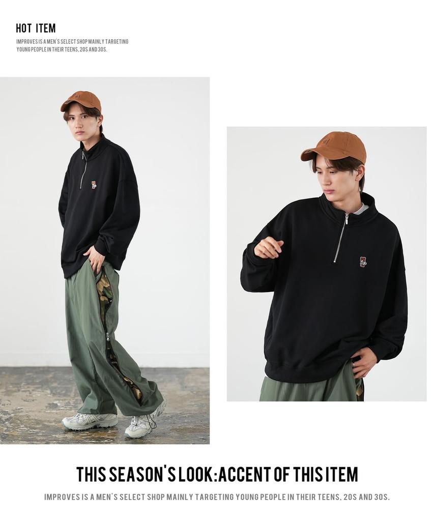 IMPROBS SIDEWAY STANCE Men's Half-Zip Fleece Sweatshirt with Embroidered One-Point Design, 70220, B-Ash