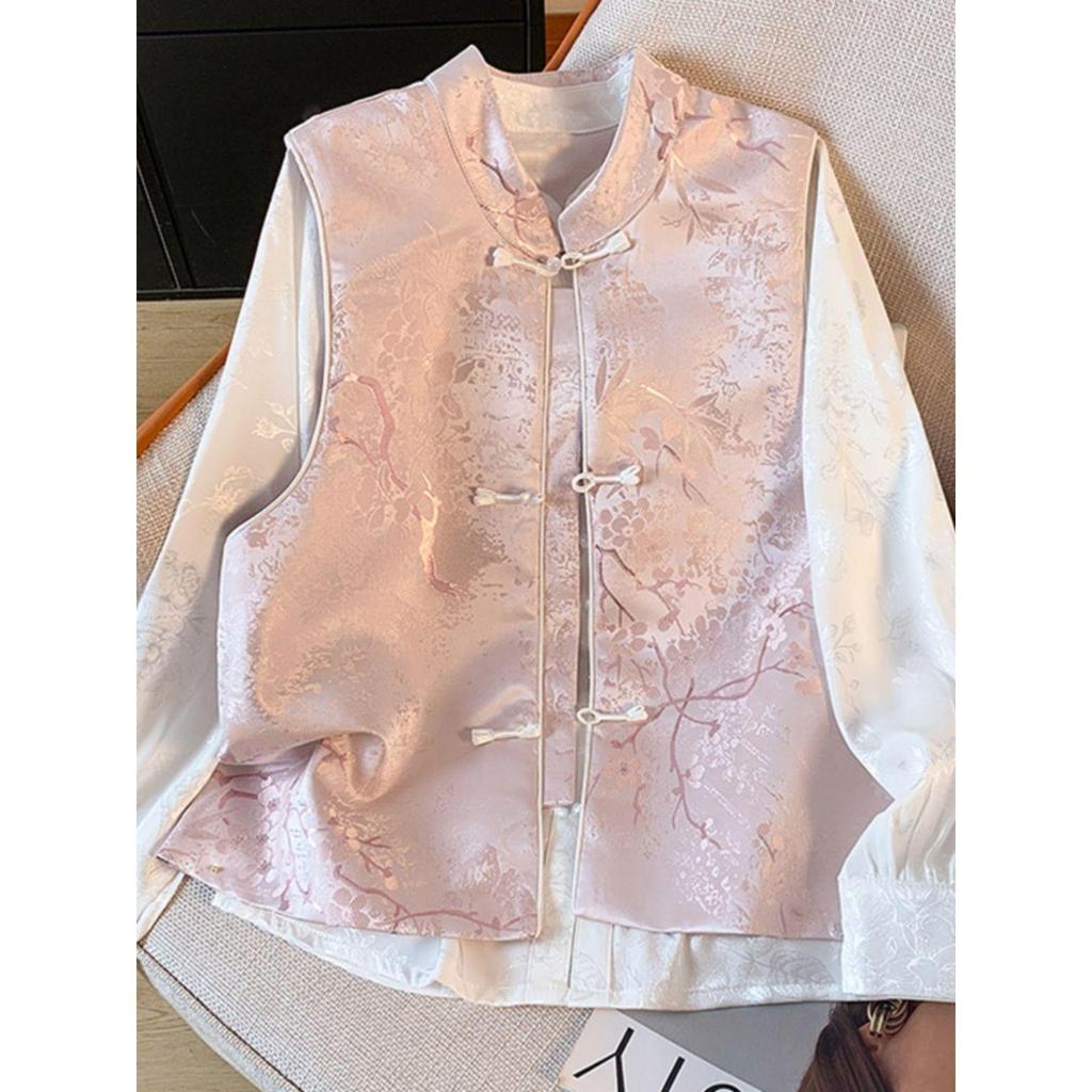 Stand-up collar pink vest 2025 spring new retro jacquard improved vest vest women's top