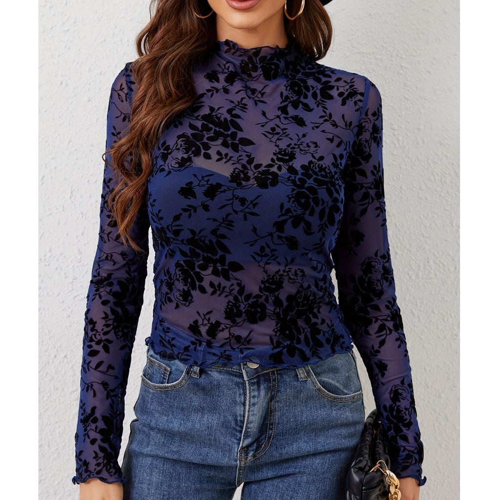 Women's Solid Color Bra Free Stand Up Collar Mesh Base Shirt Long Sleeved Top Top