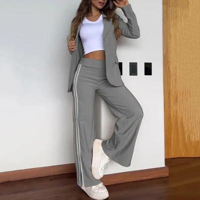 2 peças/conjunto feminino casaco formal calças conjunto gola virada para baixo mangas compridas jaqueta solta listrada calças largas casual uso diário roupa de deslocamento