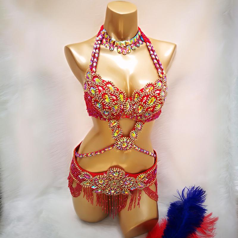 Hot Sale Women's Beaded Crystal Belly Dance Costume Wear Bra+Belt+Necklace 3pc Set Sexy Bellydancing Costumes Clothes
