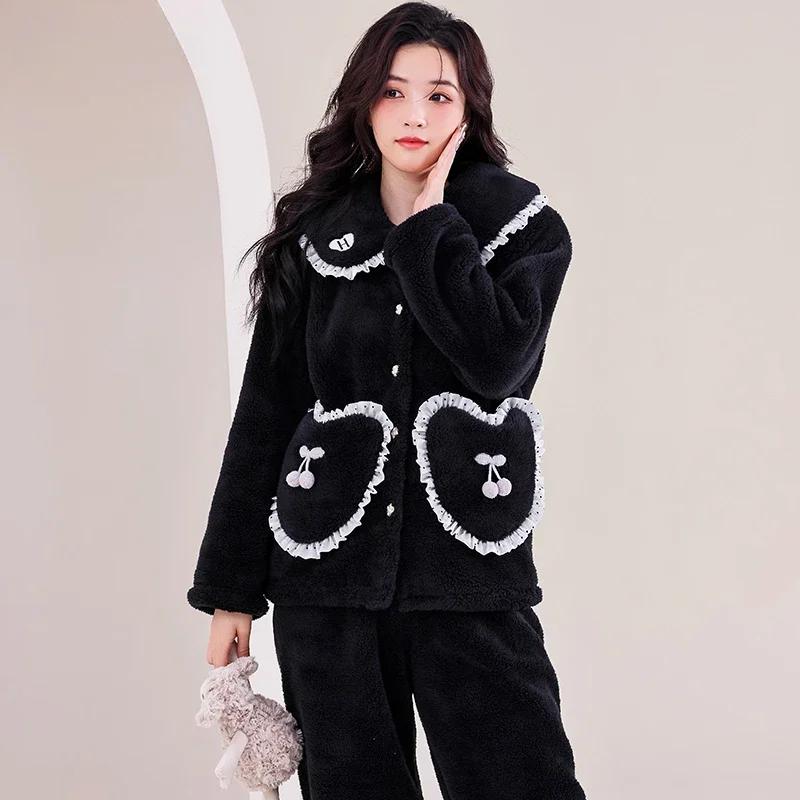 Winter Long Sleeve Thick Warm Flannel Pajama Sets for Women Coral Velvet Cardigan Sleepwear Suit Pyjamas Homewear Luxury Clothes