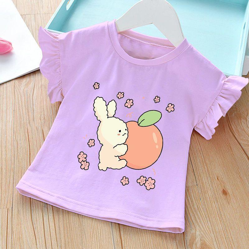 Round Neck Cute Printed Top New Summer Girl Baby Short Sleeved T-shirt Ruffled Bottom Shirt