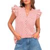 Women European Style Casual Summer Hollow Out Embroidery Flounce Sleeve V Neck Shirt