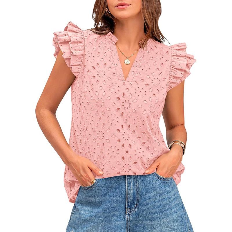 Women European Style Casual Summer Hollow Out Embroidery Flounce Sleeve V Neck Shirt