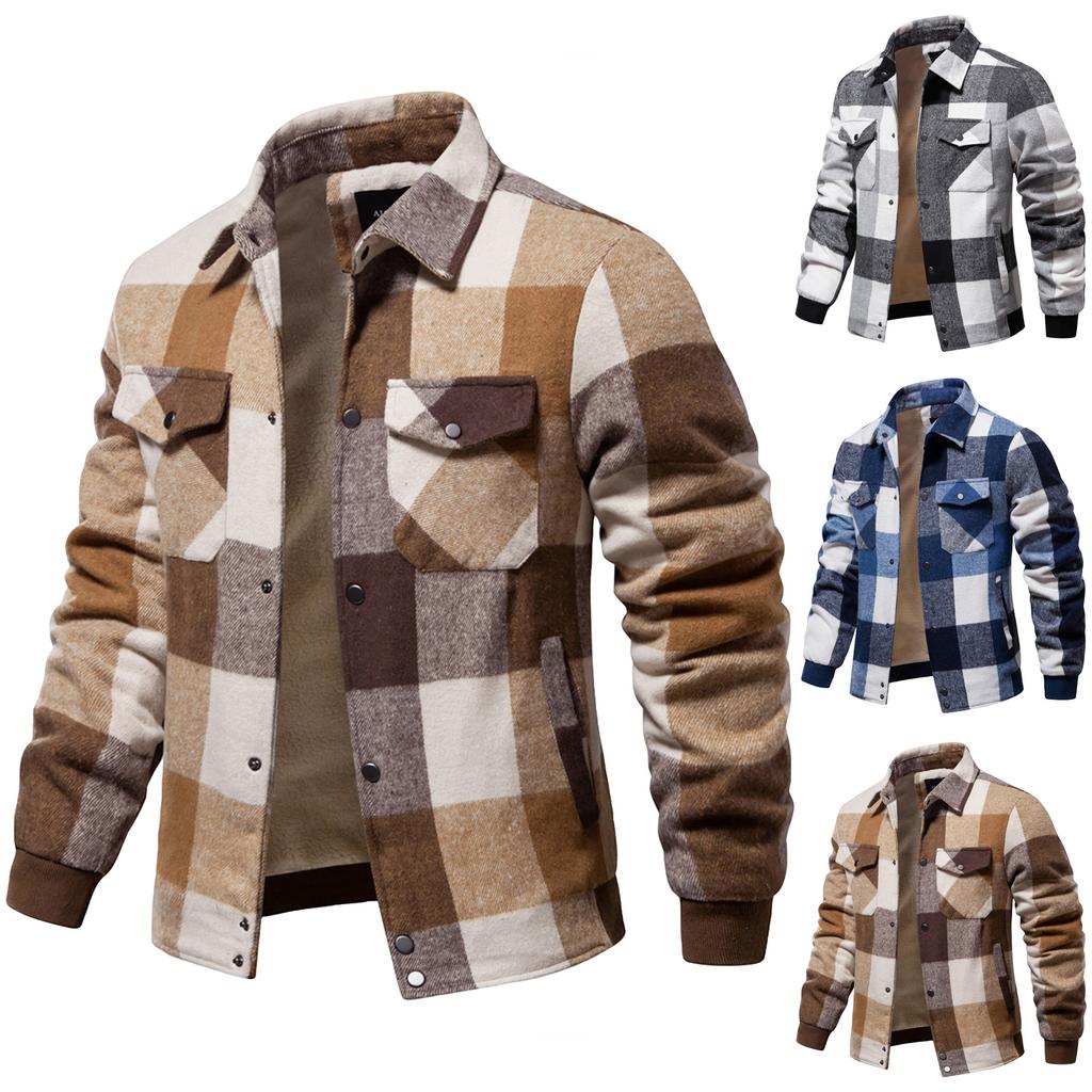 Men's Striped Plaid Casual Loose Button Lapel Long Sleeve Hooded Cardigan Shirt Jacket