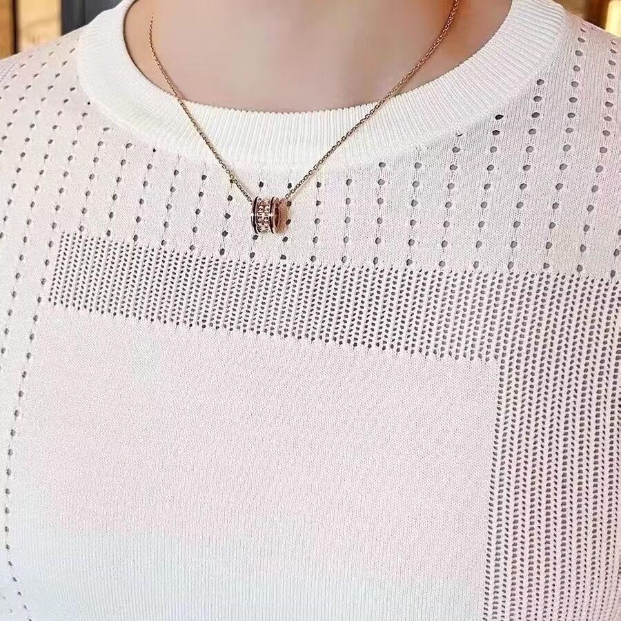 Letni okrągły dekolt lodowy jedwab ażurowy dzianinowy z krótkim rękawem bazowy cienki męski modny z półrękawem T-shirt oddychający sweter