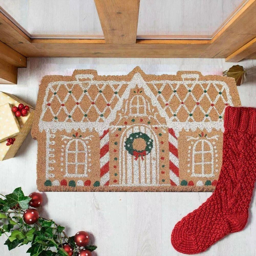 Cartoon Christmas Carpet Non-Slip Palace Shaped Gingerbread House Kitchen Rug Xmas Bedroom Welcome Doormat Christmas Decoration