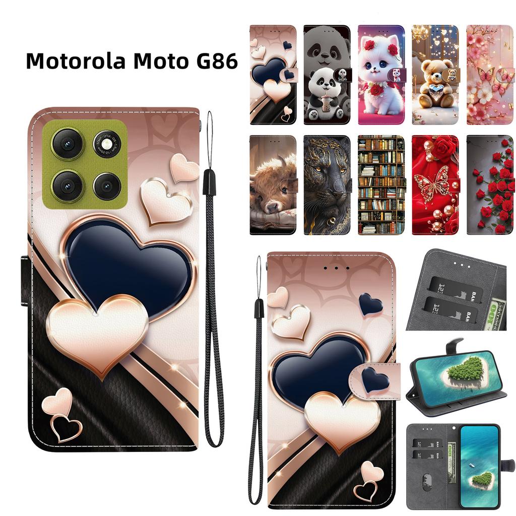 Handmade PU Leather Flip Case for Motorola Moto G86 Anti-Slip Shockproof Cover with Wrist Strap & Heart/Rose Cat Designs