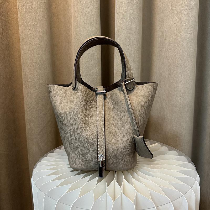 First Layer Cowhide Niche Handbag High Version Vegetable Basket Bag Genuine Leather Large Capacity High-end Sense Exquisite Bucket Bag