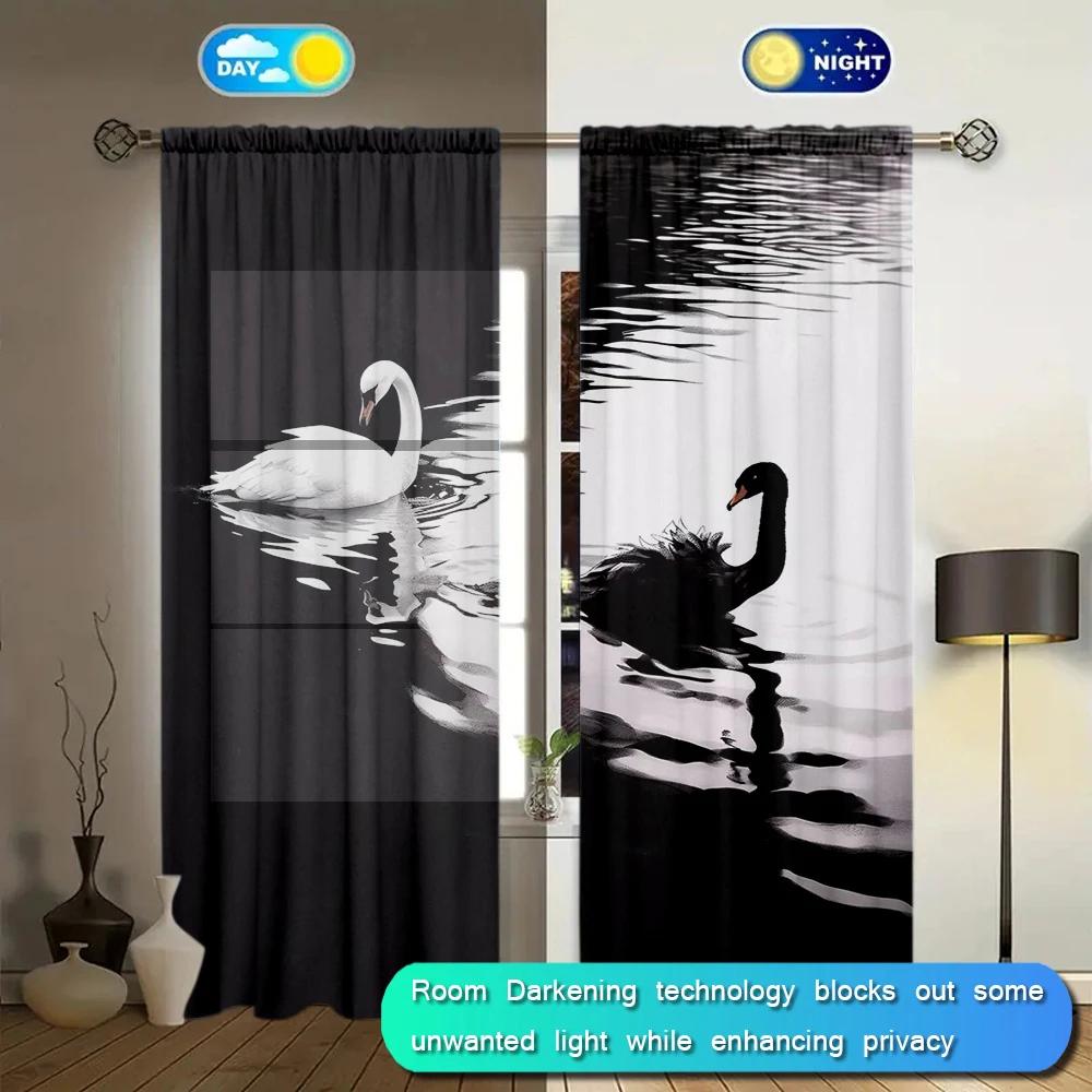 2pcs Black and White Swan Printed Curtain for Home Decor - Rod Pocket Window Treatment for Bedroom, Office, Kitchen, Living Room