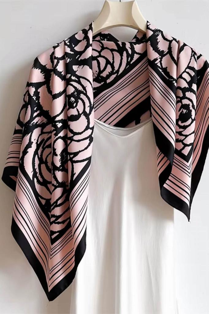 Women' Scarf 90X90 "Black Camellias on Powder Pink" - Elegant Floral Scarf, Imitation Silk