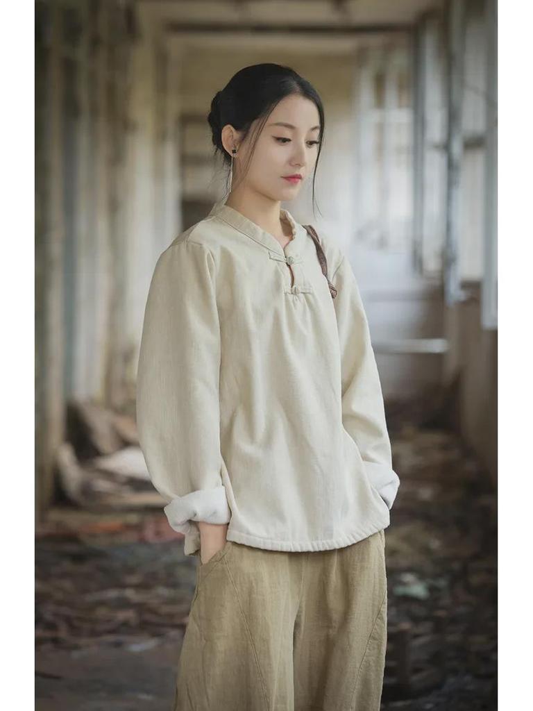 Dámská retro umělecká košile z bavlny a lnu: Jaro/Léto, S plusovým sametem, Tričko na knoflíky