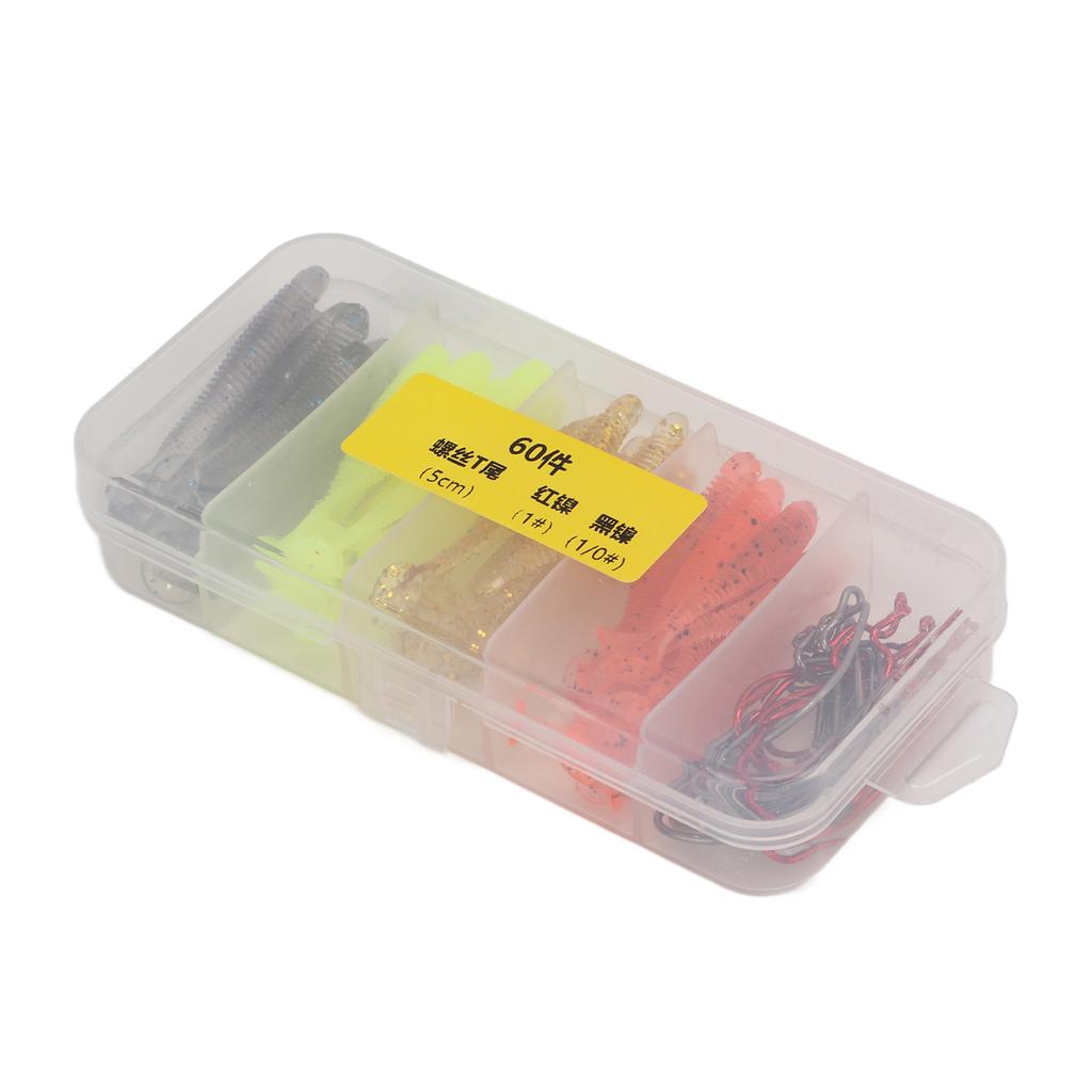 60 Stück/Box Softbait Angelköder Set mit Edelstahl Kurbelhaken Künstlicher T-Schwanz PVC Weich