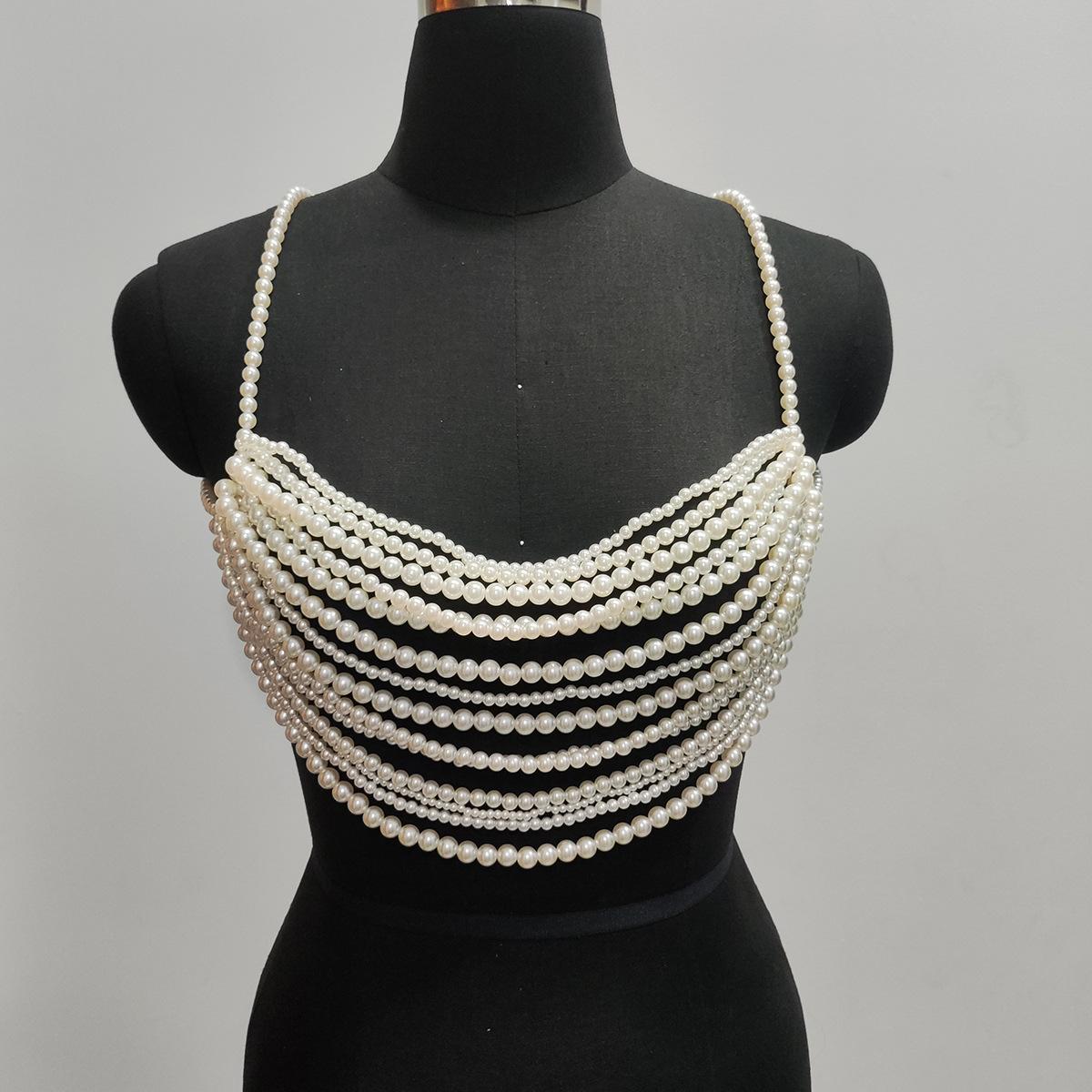 Fashionable White Wedding Bride Pearl Chest Chain Multi-layer Hand Woven Imitation Pearl Body Chain
