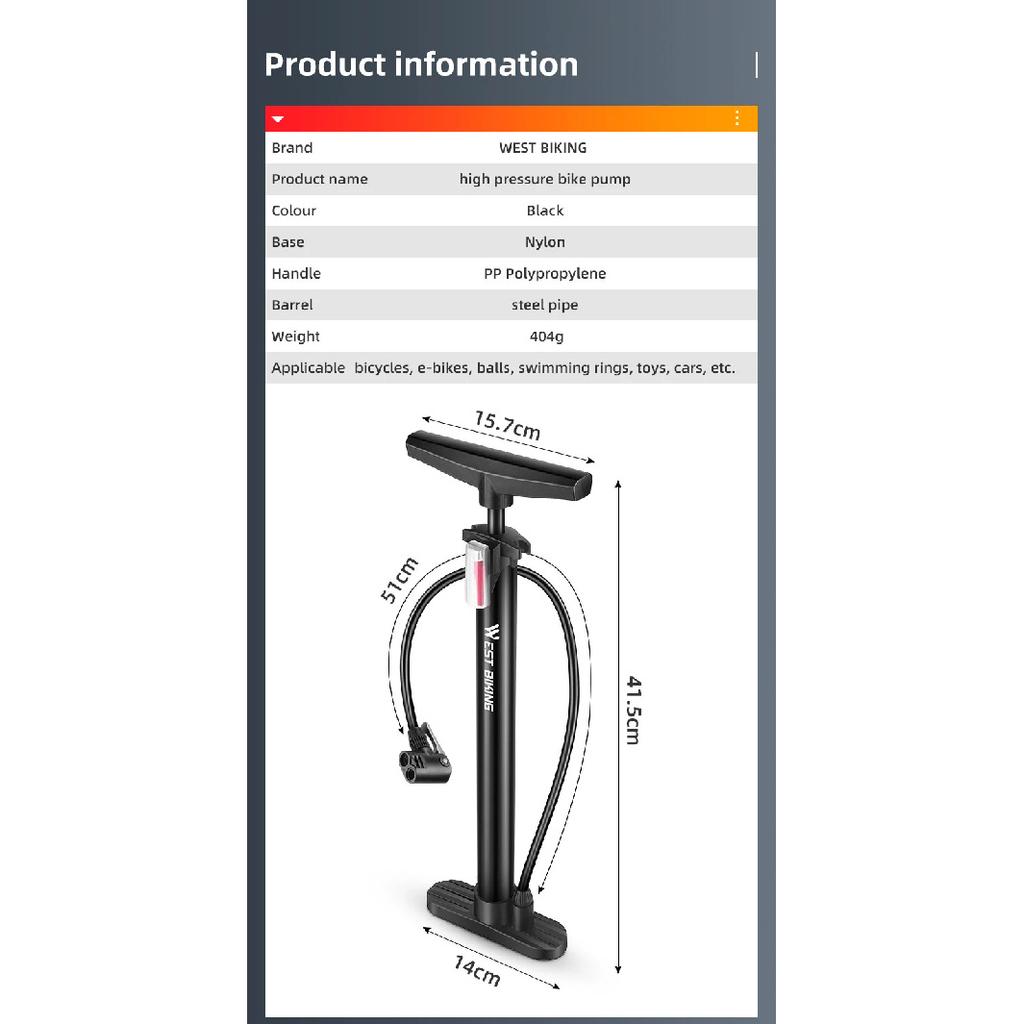 WEST BIKING Portable Bicycle Pump High Pressure Cycling Ball Inflator Standing Bike Hand Motorcycle Bike Tire Fill Pump Air Pump
