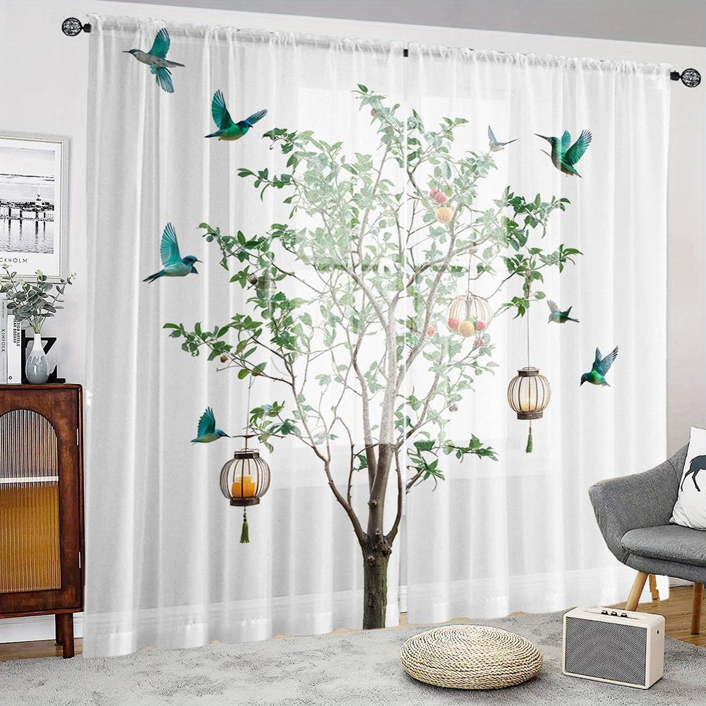 Set Of 2 Hd Digital Hundred Birds Hanging Clock Tree Printed Window Valance Home Decorating Style Decorative Living Room Bedroom Curtain Polyester