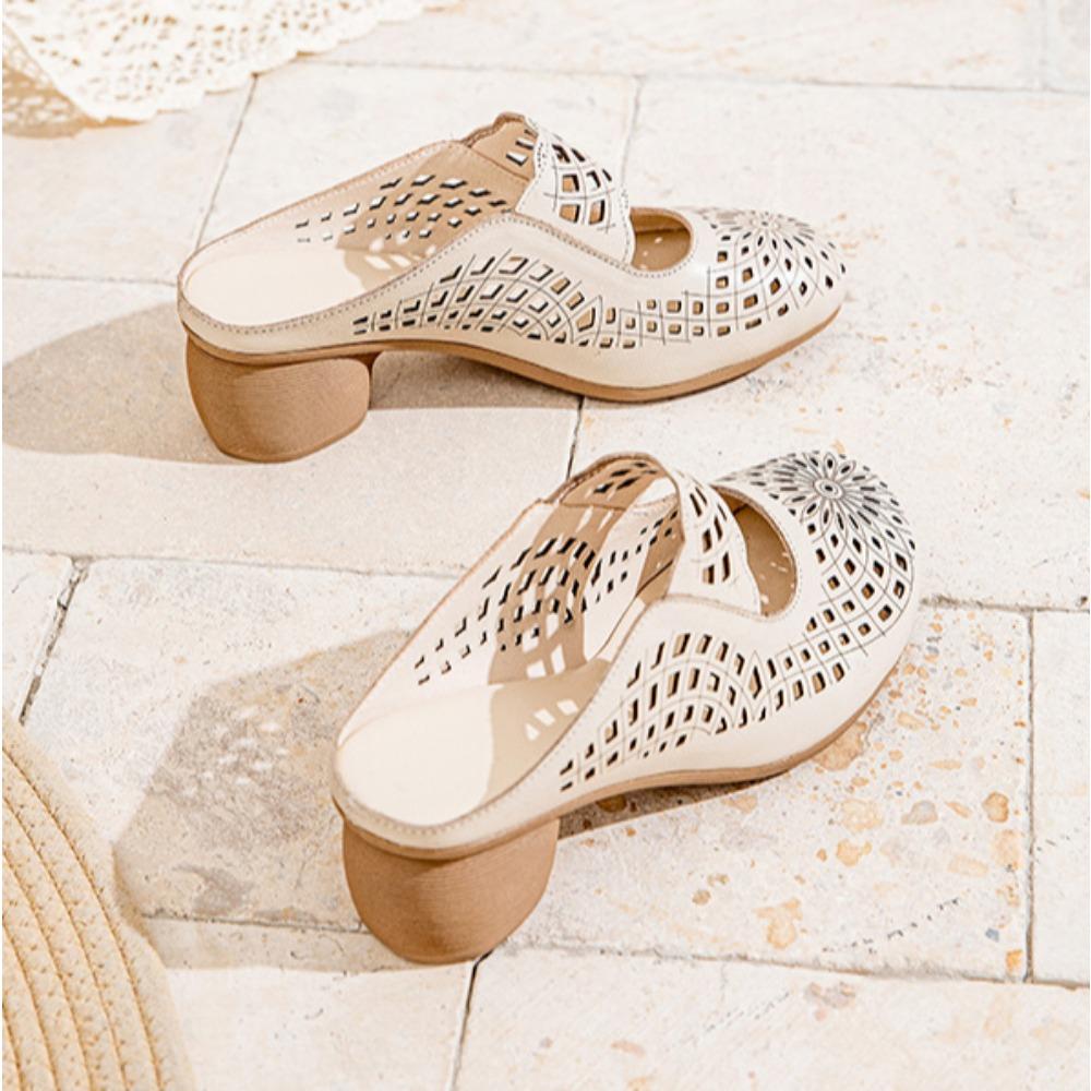 Fashion Wearing Slippers for Womens 2025 Summer New Leather Hollow Out Thick High-heeled Breathable Hole Toe Slippers Women Ladies Shoes