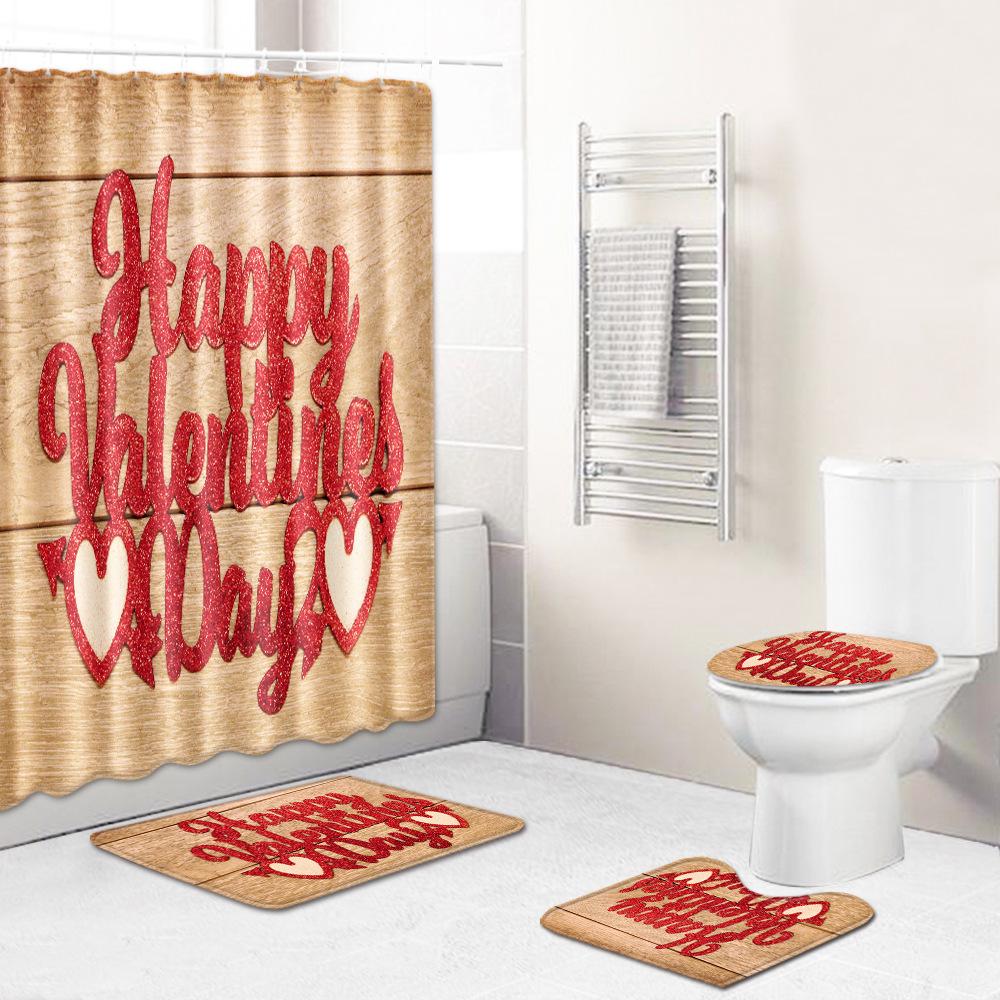 Valentine'S Day Toilet Shower Curtain Four-Piece Printed Floor Mat Set Bathroom Floor Mat Bedroom Absorbent Door Mat Carpet