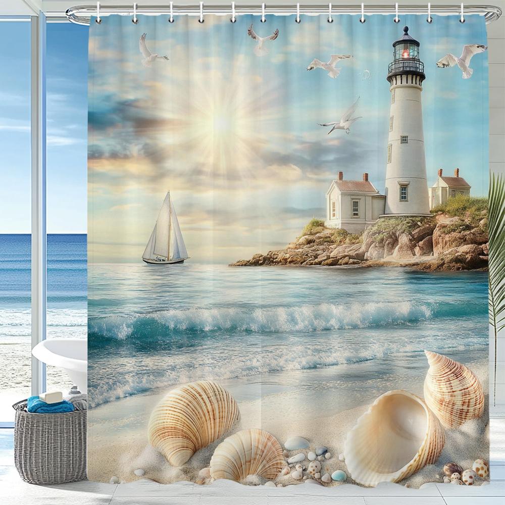Blue Ocean Beach Seaside Lighthouse View Shower Curtain, Bathroom Decorative Shower Curtains, Home Curtain With Hooks