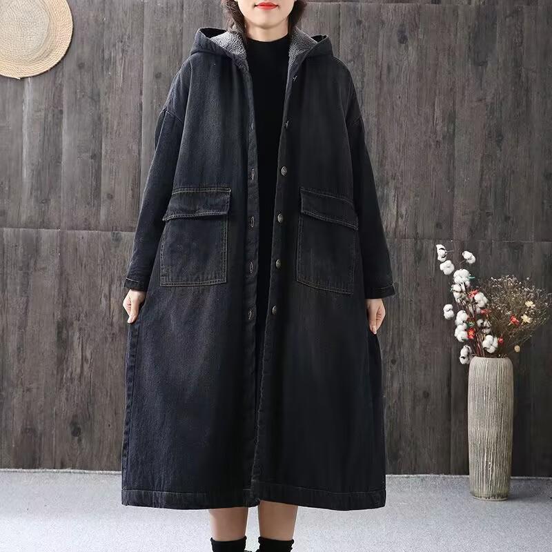 

Зимнее женское утепленное хлопковое пальто больших размеров, свободная куртка средней длины с капюшоном M чёрный