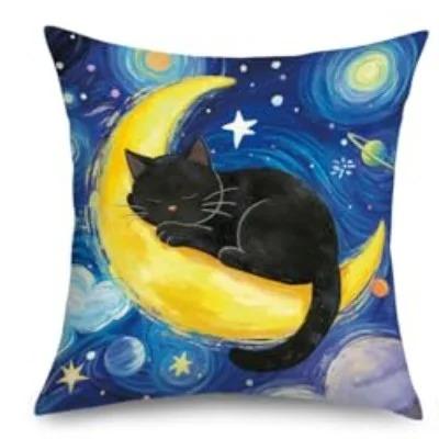 Van Gogh Style Starry Night Black Cat Pillowcase 2D Flat Printed Peach Skin Art Pillow Cover for Sofa Living Room Home Decor