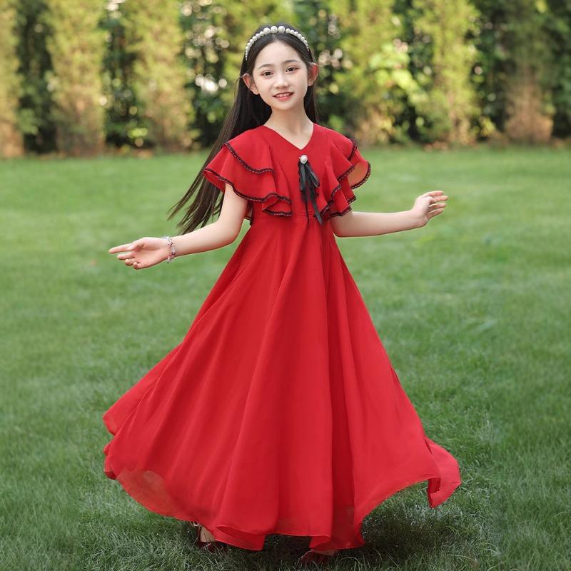 Girls Beach Summer Princess Dress Short Sleeve Solid Color