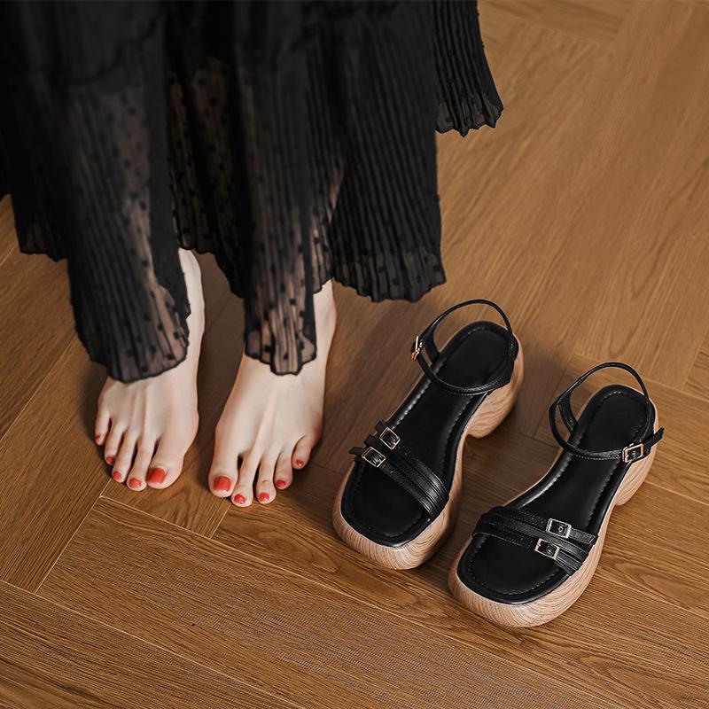 Wood grain heightened platform sandals women's summer new cover toes casual outer wear beach shoes retro Roman cool slippers