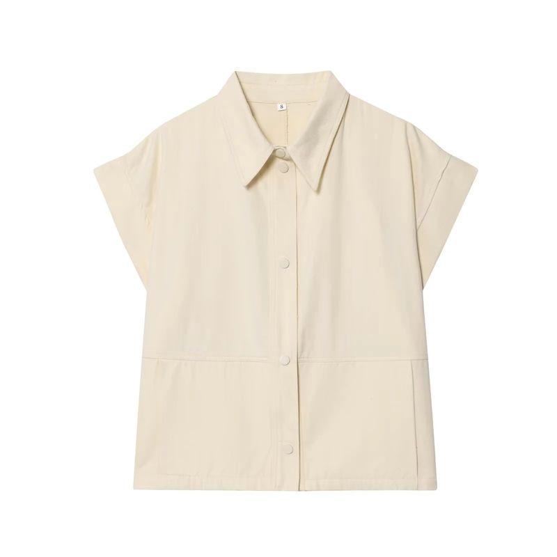 Cotton Blend Lapel Sleeveless Drop Shoulder Design Loose Vest 5216065 Mid Waist Wide Leg Trousers 5216064