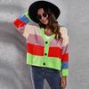 Cross-Border Fashion Fall and Winter New Product V-neck Color-Block Rainbow Cardigan Sweater Loose Short Coat Stripes Long Sleeves Knitwear